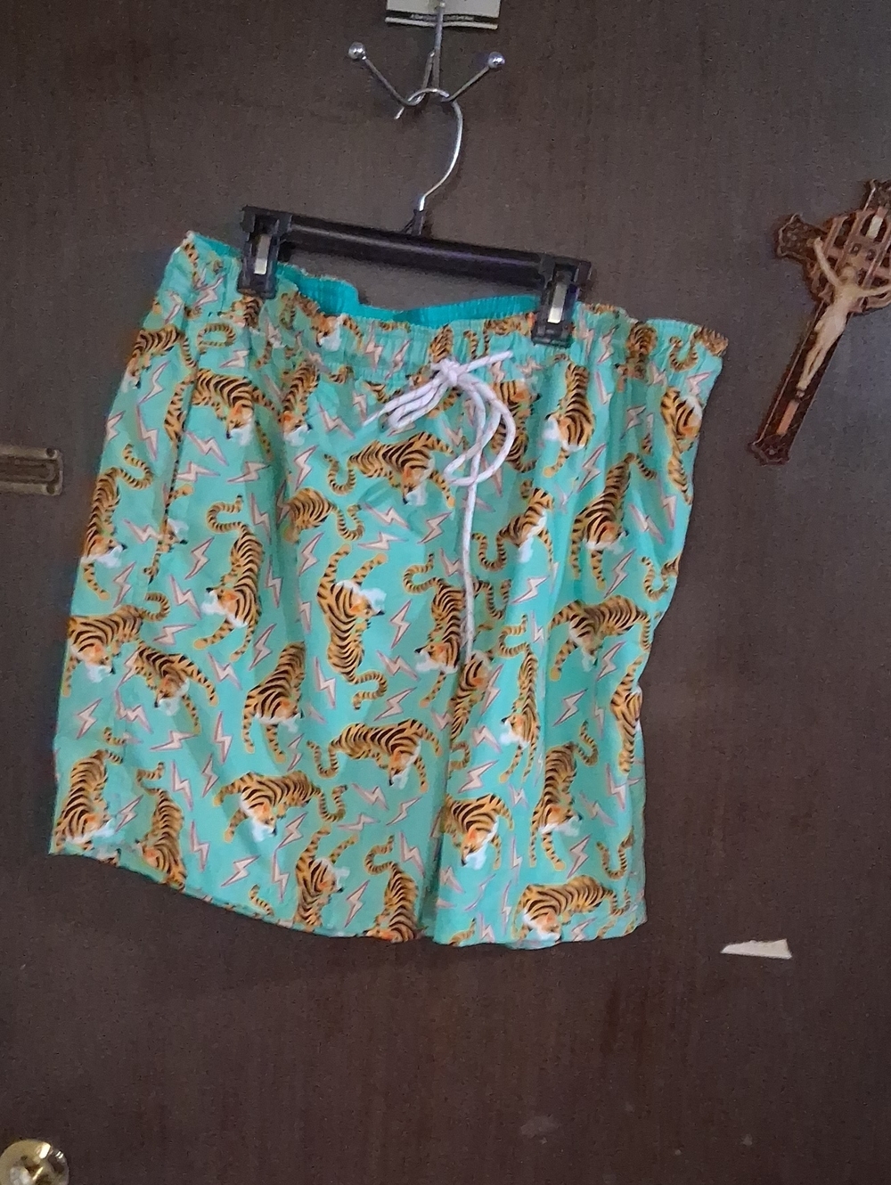 No Boundaries Aqua Tiger Print Swim Shorts with White Drawstring